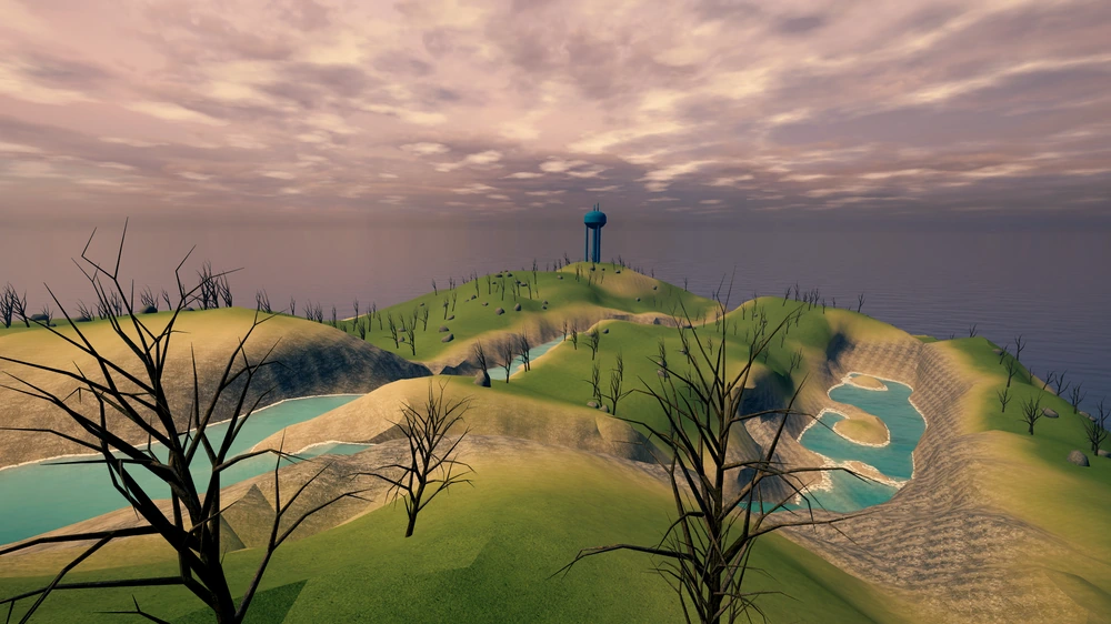 Dissociation, Gunfights, the island from above with two lakes